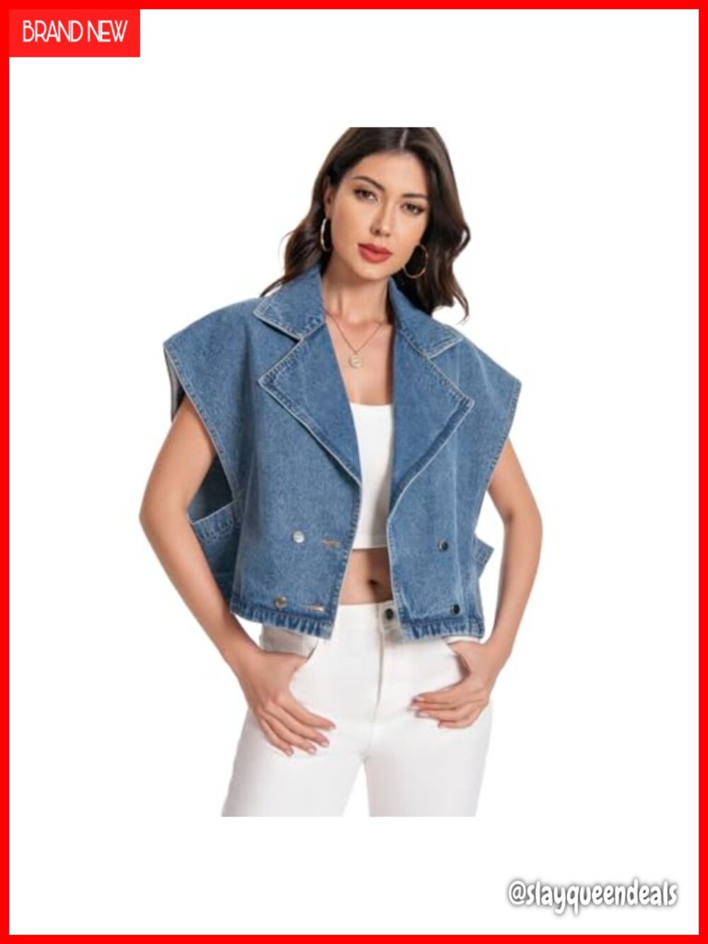 Women's Oversized Denim Vest Sleeveless Cropped Jean Jacket Double Breasted